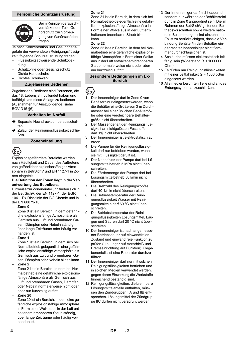 Persönliche schutzausrüstung, Zugelassene bediener, Verhalten im notfall | Zoneneinteilung, Besondere bedingungen im ex- bereich | Karcher HKS 100 LM User Manual | Page 4 / 124