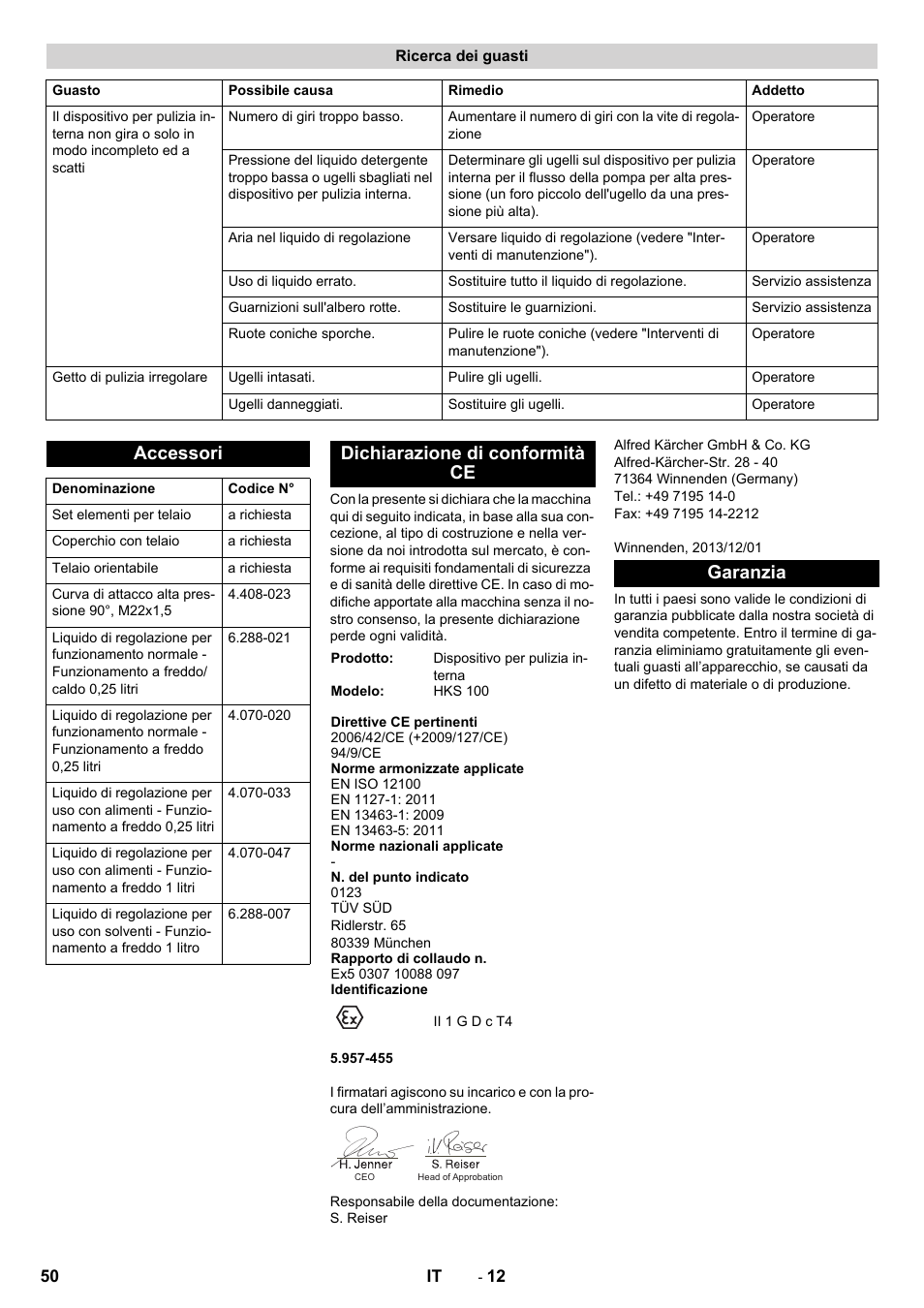 Ricerca dei guasti, Accessori, Dichiarazione di conformità ce | Garanzia | Karcher HKS 100 LM User Manual | Page 50 / 124