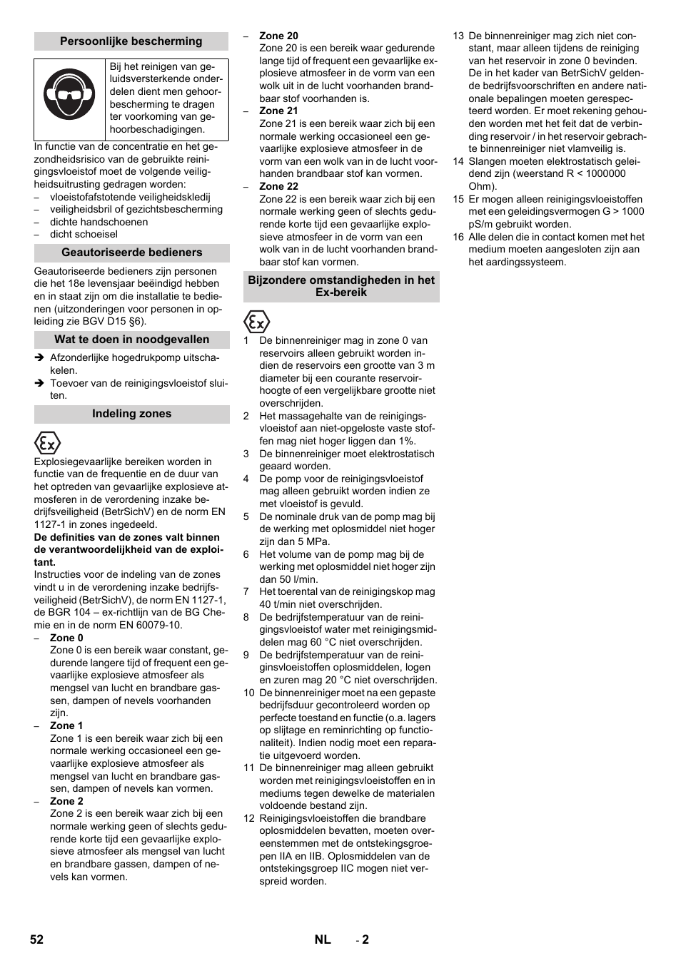 Persoonlijke bescherming, Geautoriseerde bedieners, Wat te doen in noodgevallen | Indeling zones, Bijzondere omstandigheden in het ex-bereik | Karcher HKS 100 LM User Manual | Page 52 / 124