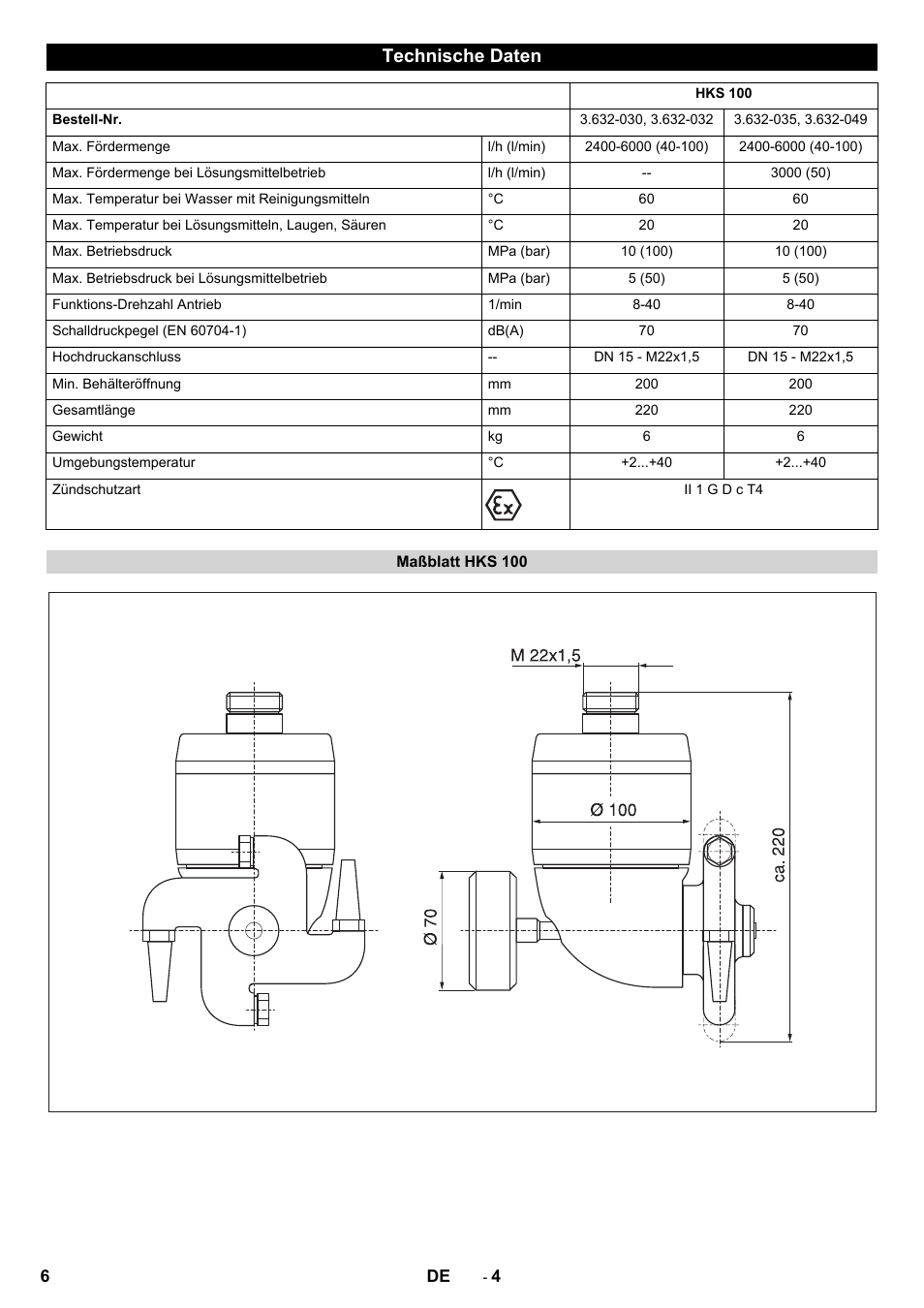 Technische daten, Maßblatt hks 100 | Karcher HKS 100 LM User Manual | Page 6 / 124