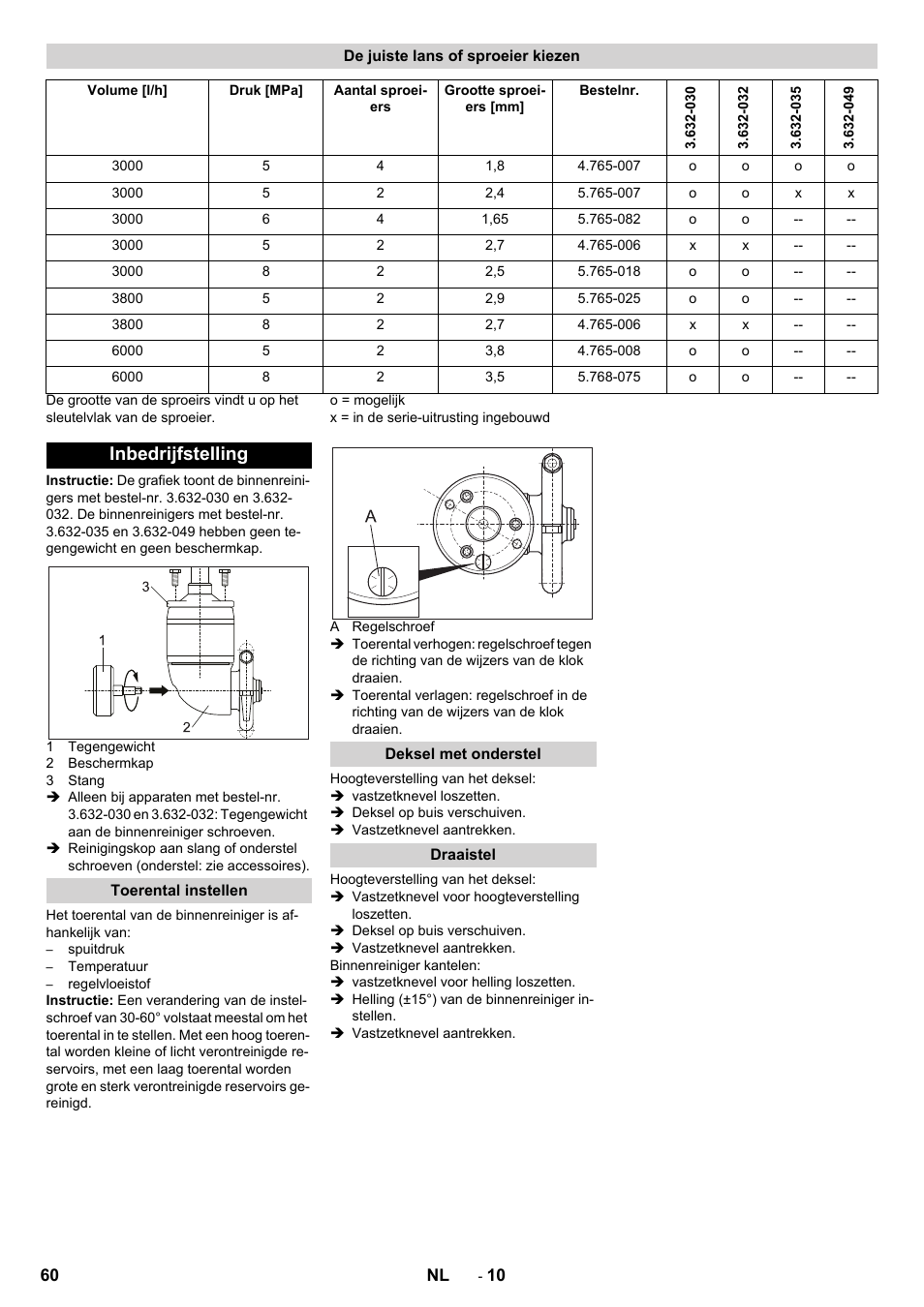 De juiste lans of sproeier kiezen, Inbedrijfstelling, Toerental instellen | Deksel met onderstel, Draaistel | Karcher HKS 100 LM User Manual | Page 60 / 124