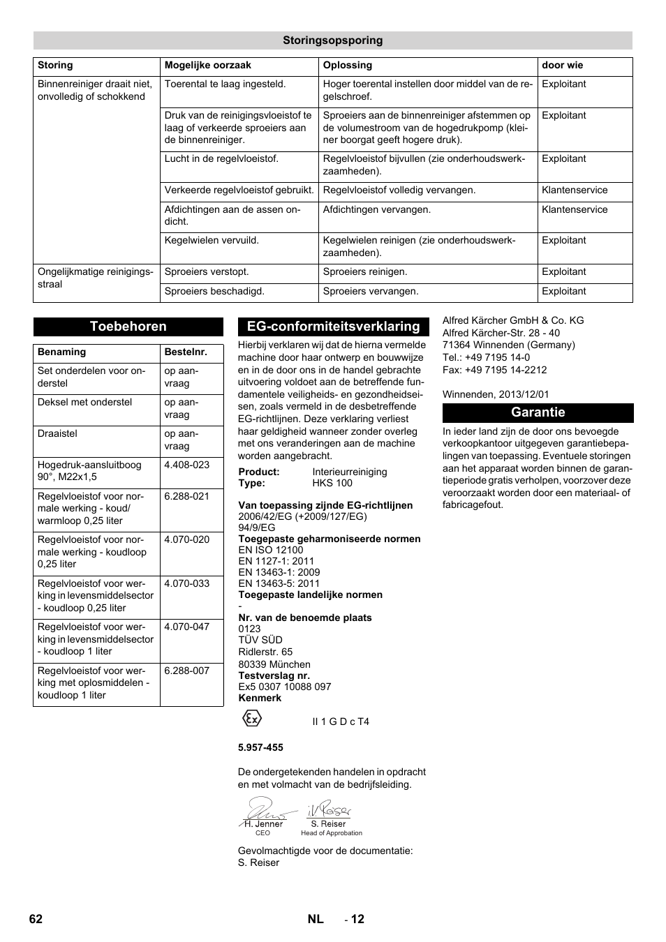 Storingsopsporing, Toebehoren, Eg-conformiteitsverklaring | Garantie | Karcher HKS 100 LM User Manual | Page 62 / 124