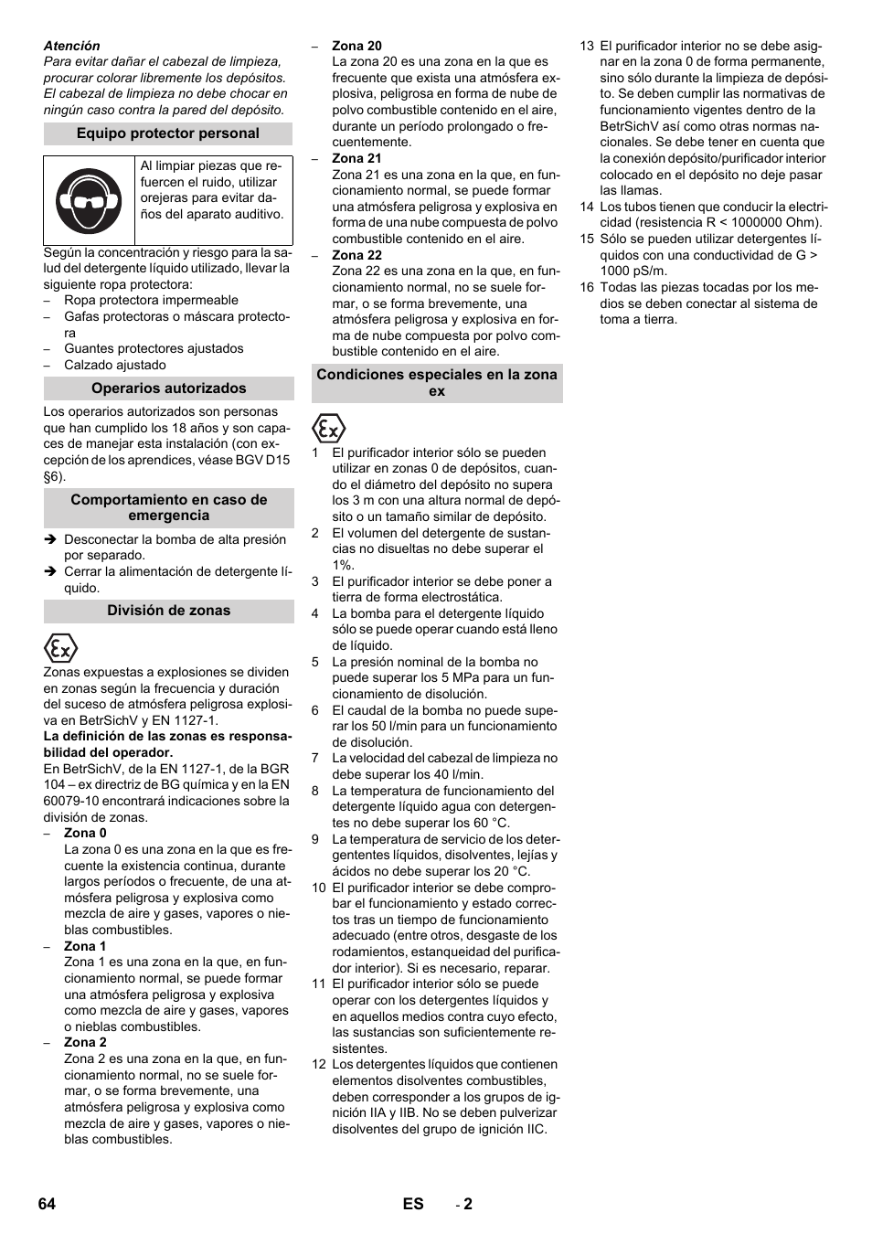 Equipo protector personal, Operarios autorizados, Comportamiento en caso de emergencia | División de zonas, Condiciones especiales en la zona ex | Karcher HKS 100 LM User Manual | Page 64 / 124