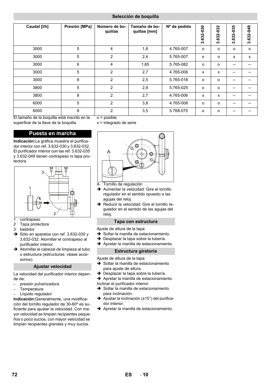 Selección de boquilla, Puesta en marcha, Ajustar velocidad | Tapa con estructura, Estructura giratoria | Karcher HKS 100 LM User Manual | Page 72 / 124