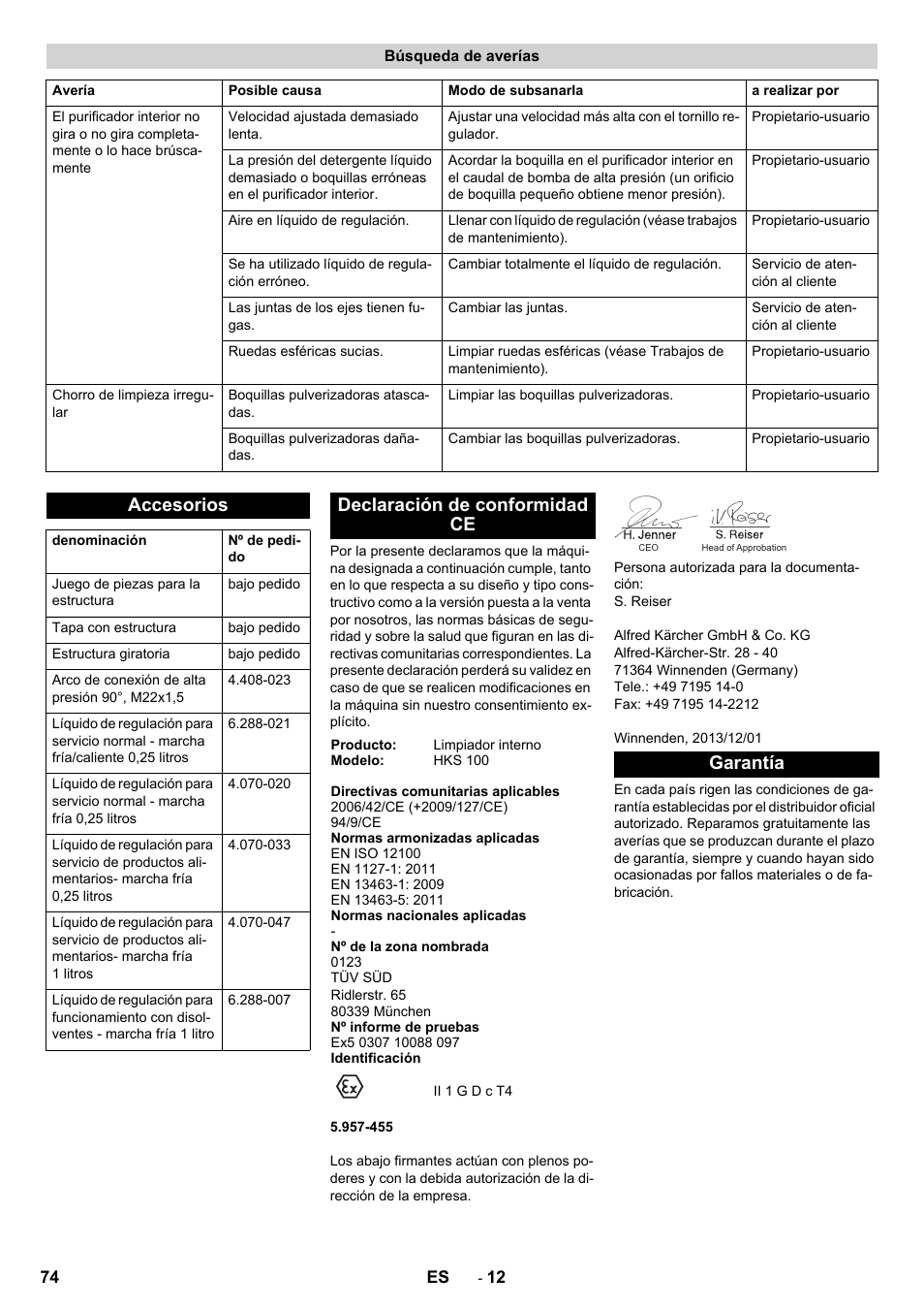 Búsqueda de averías, Accesorios, Declaración de conformidad ce | Garantía | Karcher HKS 100 LM User Manual | Page 74 / 124