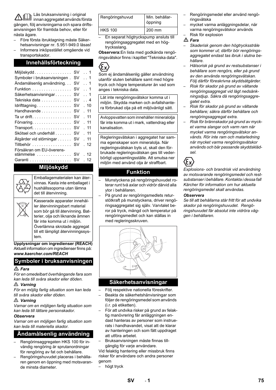 Svenska, Innehållsförteckning, Miljöskydd | Symboler i bruksanvisningen, Ändamålsenlig användning, Funktion, Säkerhetsanvisningar, Funktion säkerhetsanvisningar | Karcher HKS 100 LM User Manual | Page 75 / 124