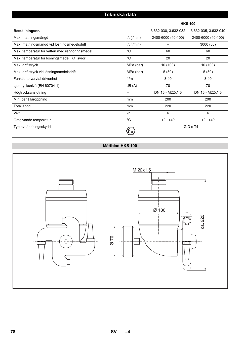 Tekniska data, Måttblad hks 100 | Karcher HKS 100 LM User Manual | Page 78 / 124