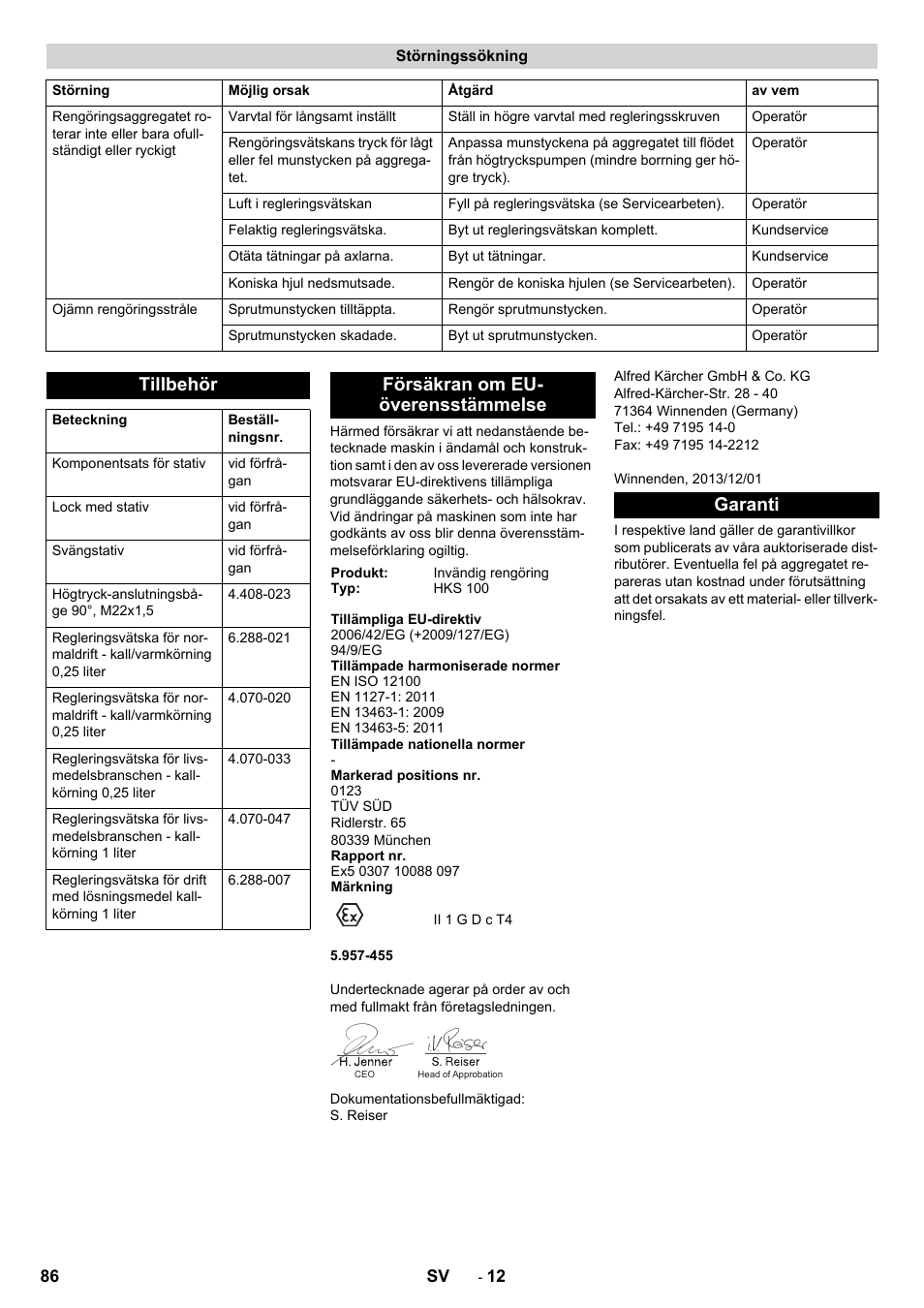 Störningssökning, Tillbehör, Försäkran om eu- överensstämmelse | Garanti | Karcher HKS 100 LM User Manual | Page 86 / 124