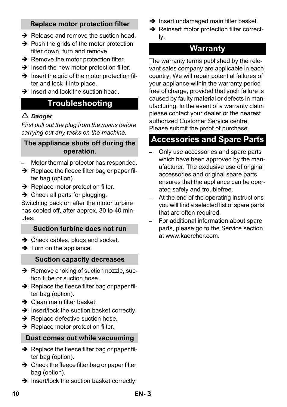 Troubleshooting, Warranty accessories and spare parts | Karcher T 10-1 Advanced User Manual | Page 10 / 124