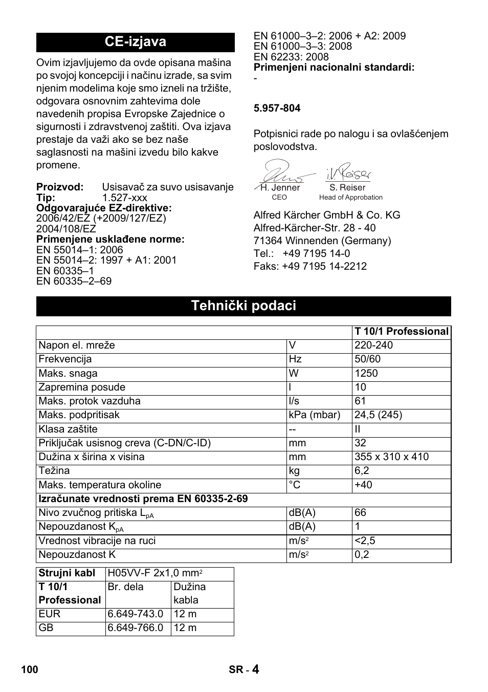 Ce-izjava, Tehnički podaci | Karcher T 10-1 Advanced User Manual | Page 100 / 124