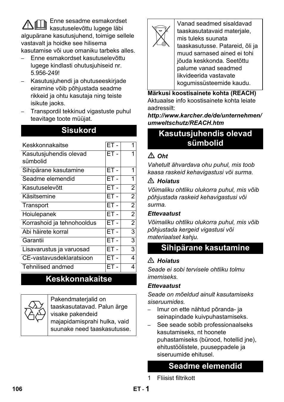 Sisukord, Keskkonnakaitse | Karcher T 10-1 Advanced User Manual | Page 106 / 124