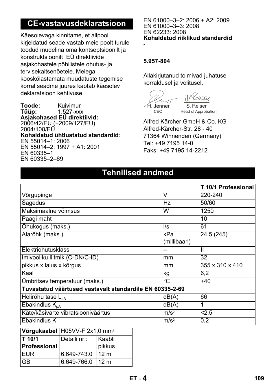 Ce-vastavusdeklaratsioon, Tehnilised andmed | Karcher T 10-1 Advanced User Manual | Page 109 / 124