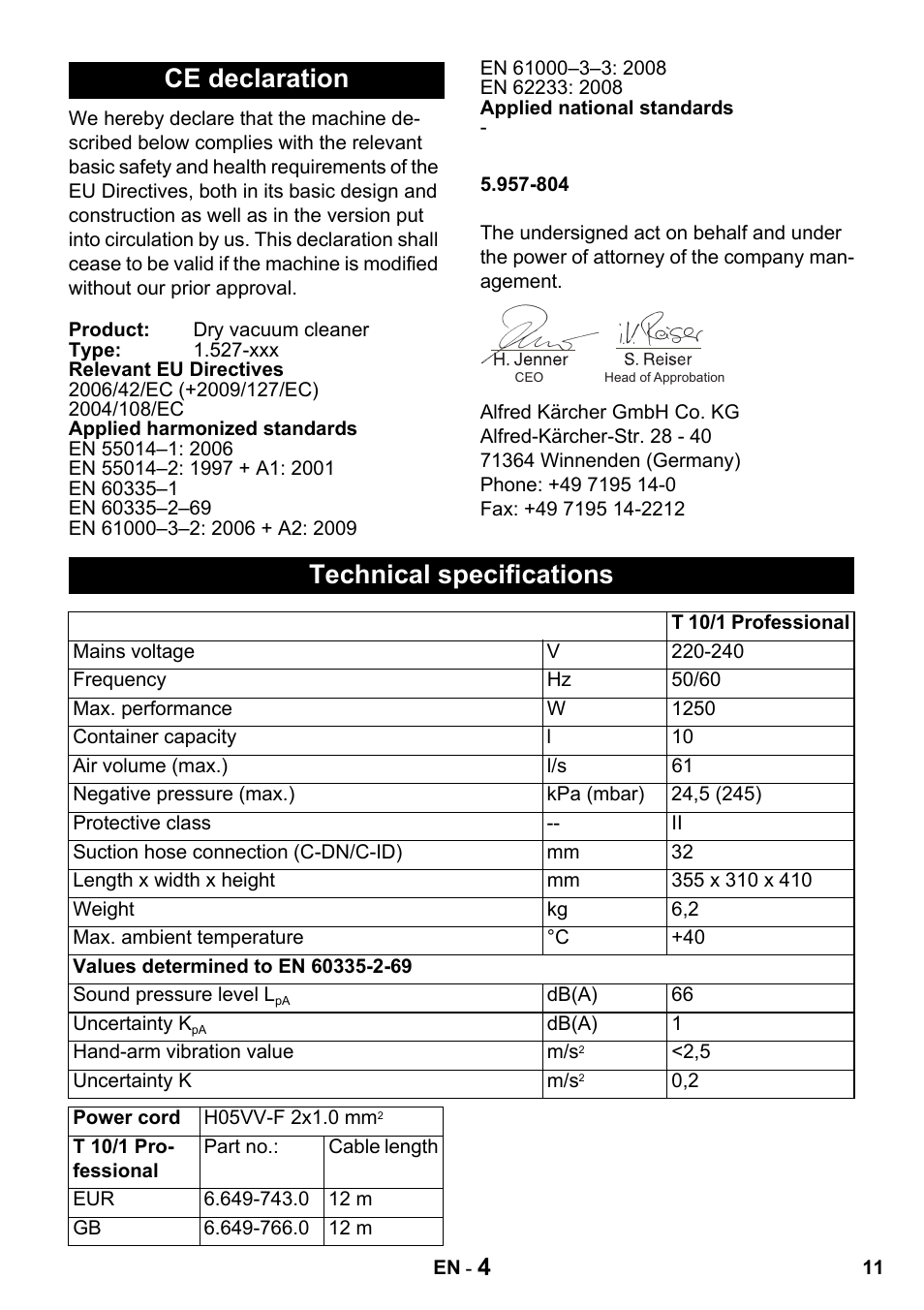 Ce declaration, Technical specifications | Karcher T 10-1 Advanced User Manual | Page 11 / 124