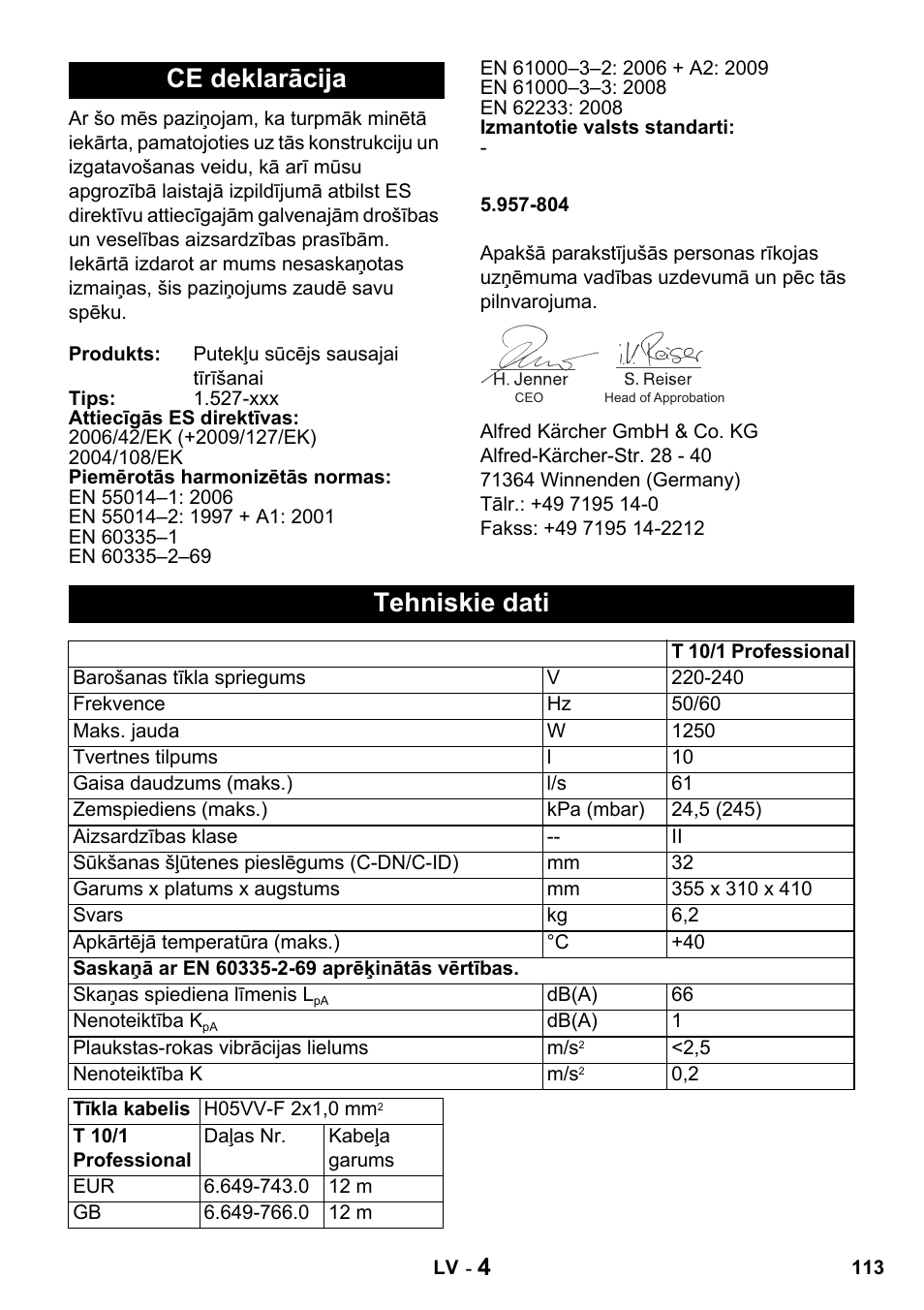 Ce deklarācija, Tehniskie dati | Karcher T 10-1 Advanced User Manual | Page 113 / 124