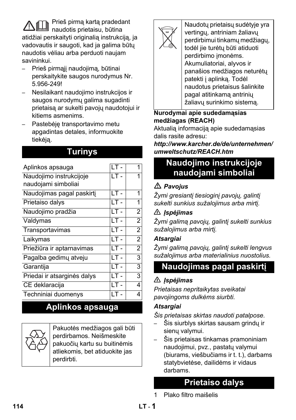 Turinys, Aplinkos apsauga | Karcher T 10-1 Advanced User Manual | Page 114 / 124