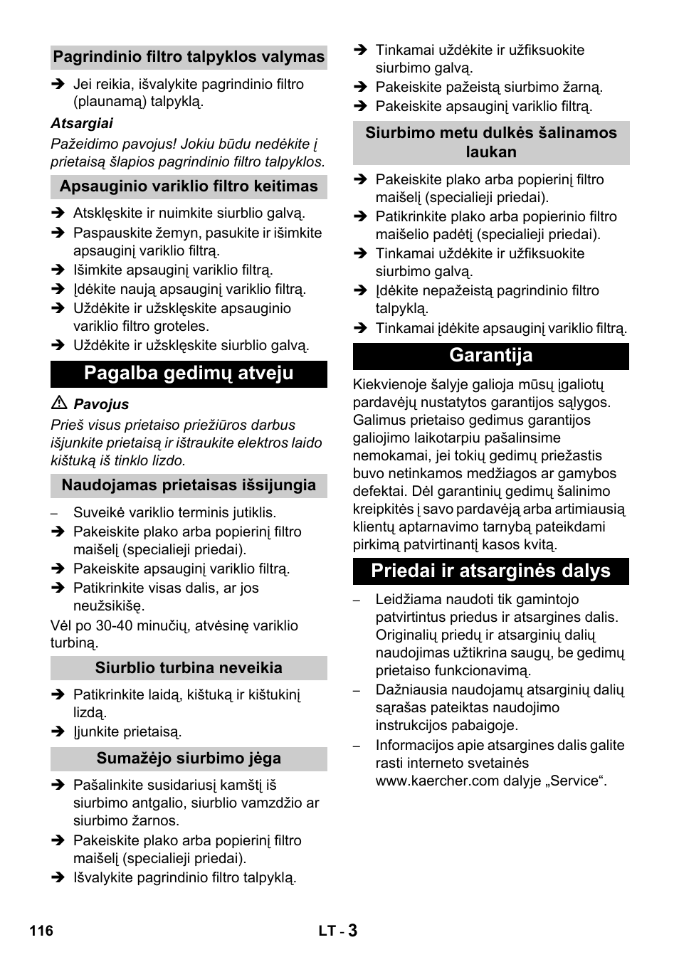 Pagalba gedimų atveju, Garantija priedai ir atsarginės dalys | Karcher T 10-1 Advanced User Manual | Page 116 / 124