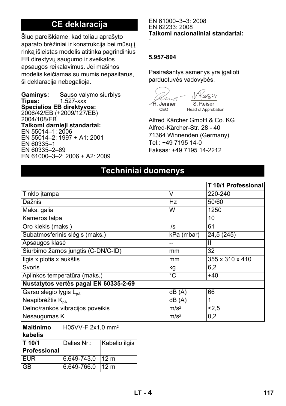 Ce deklaracija, Techniniai duomenys | Karcher T 10-1 Advanced User Manual | Page 117 / 124