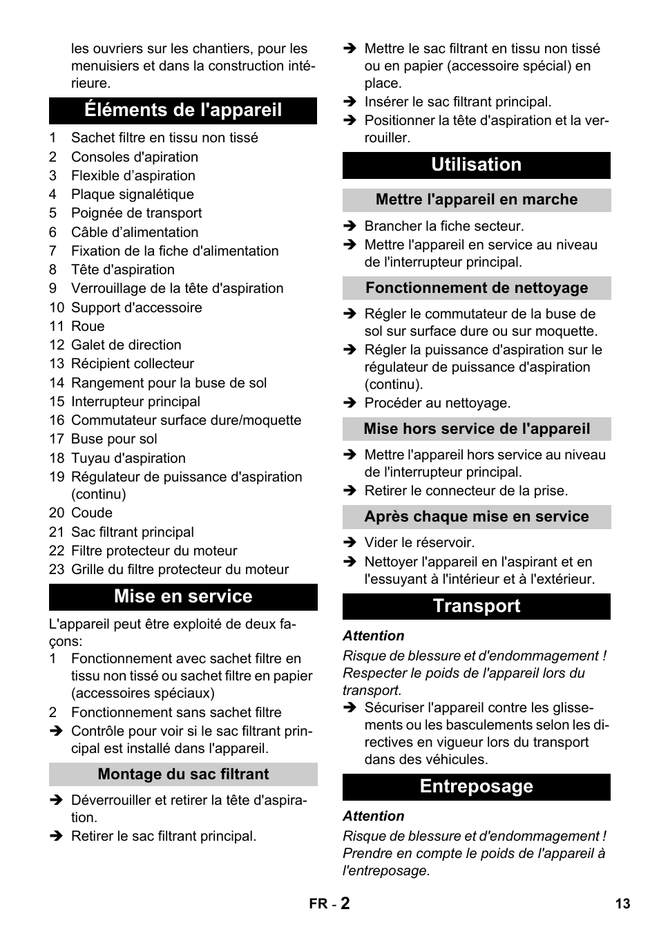 Éléments de l'appareil mise en service, Utilisation, Transport entreposage | Karcher T 10-1 Advanced User Manual | Page 13 / 124