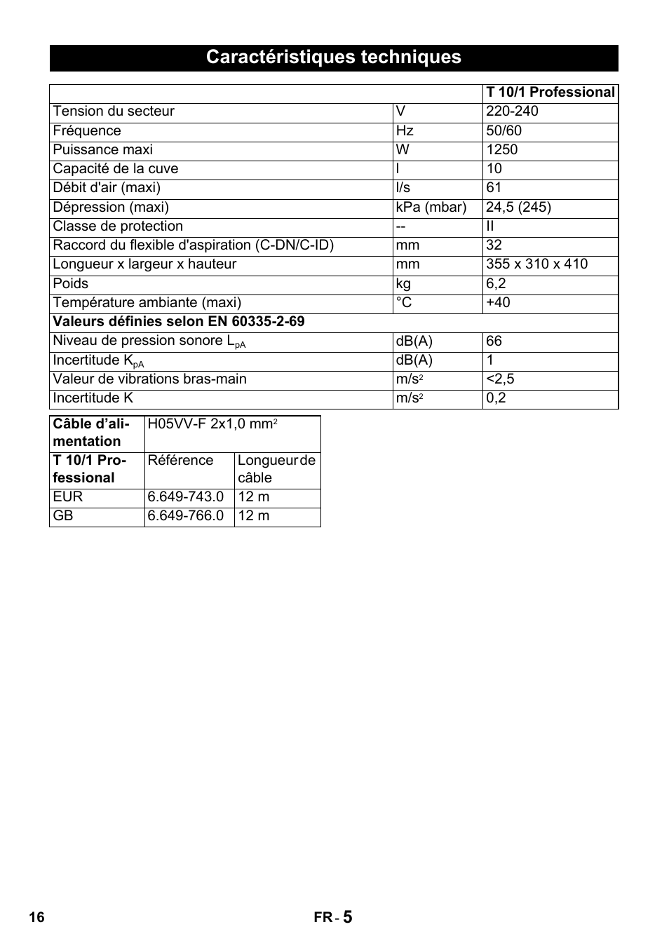 Caractéristiques techniques | Karcher T 10-1 Advanced User Manual | Page 16 / 124