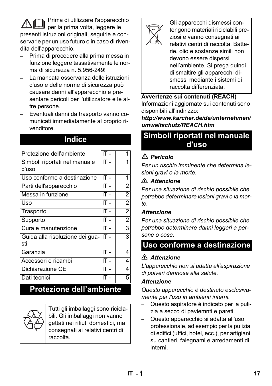 Indice, Protezione dell’ambiente | Karcher T 10-1 Advanced User Manual | Page 17 / 124