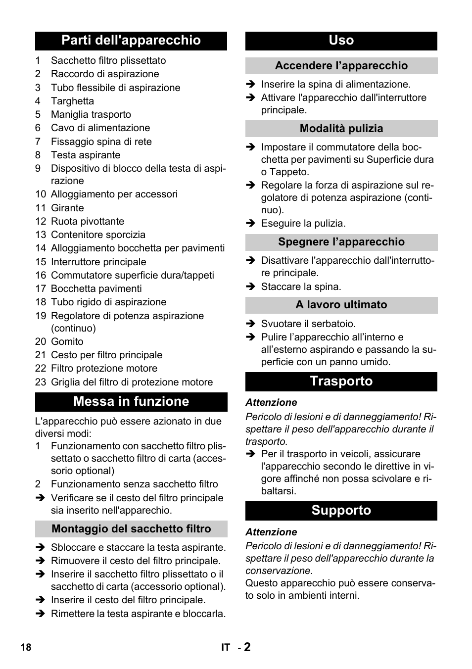 Parti dell'apparecchio messa in funzione, Trasporto supporto | Karcher T 10-1 Advanced User Manual | Page 18 / 124