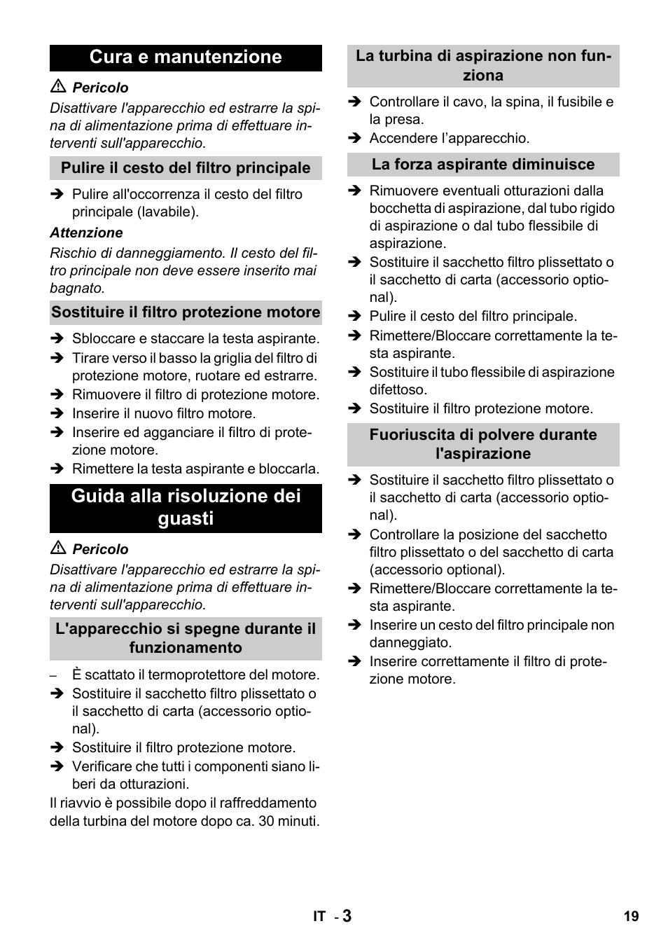 Cura e manutenzione, Guida alla risoluzione dei guasti | Karcher T 10-1 Advanced User Manual | Page 19 / 124