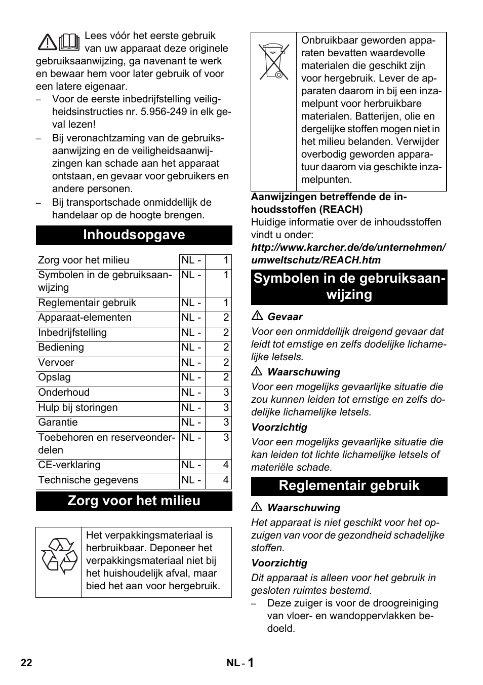 Inhoudsopgave, Zorg voor het milieu | Karcher T 10-1 Advanced User Manual | Page 22 / 124