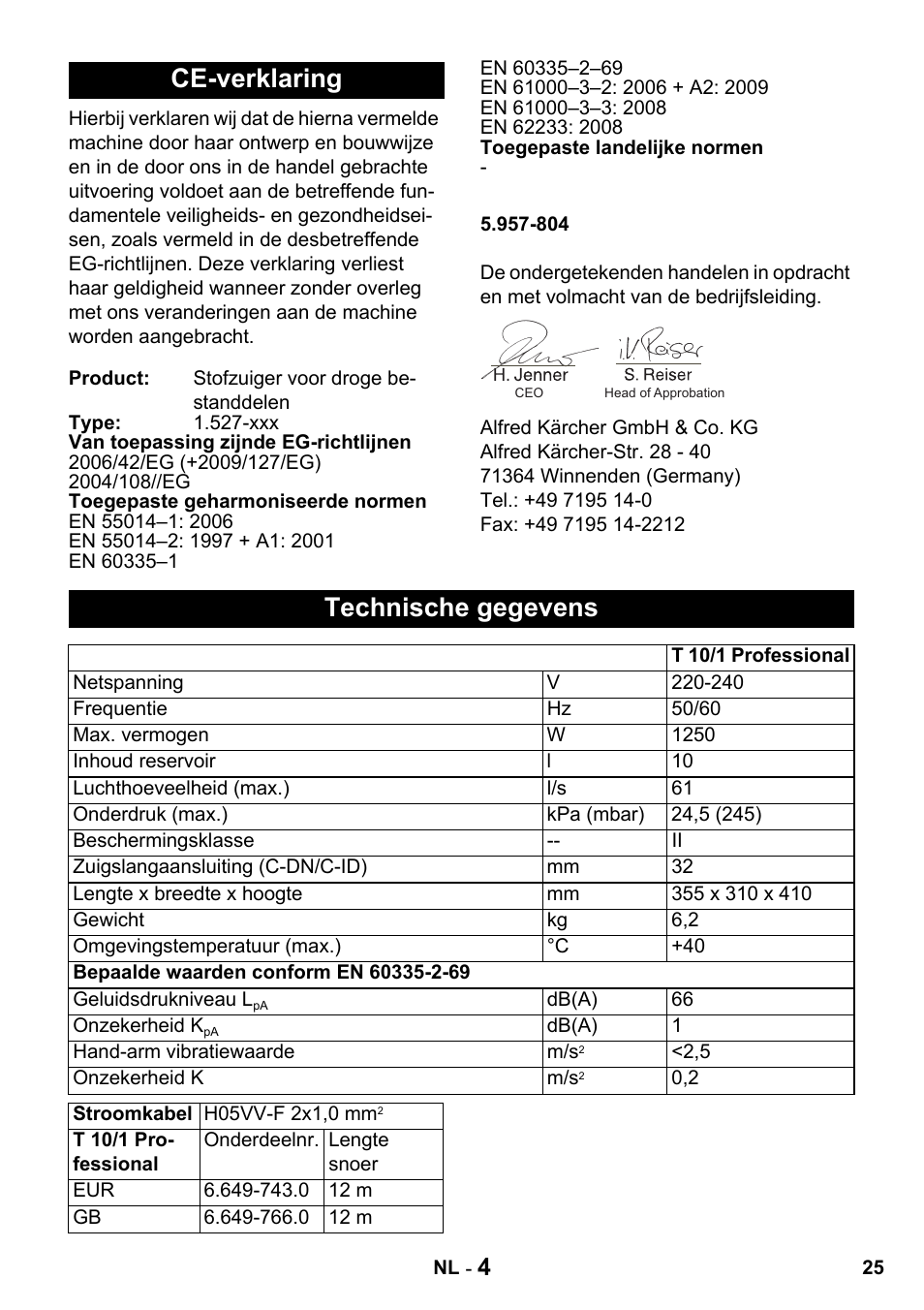 Ce-verklaring, Technische gegevens | Karcher T 10-1 Advanced User Manual | Page 25 / 124