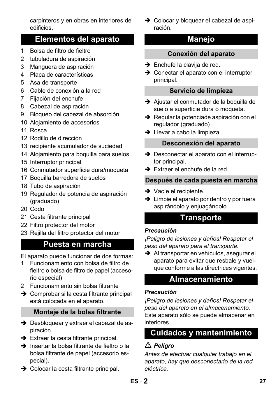 Elementos del aparato puesta en marcha, Manejo, Transporte almacenamiento cuidados y mantenimiento | Karcher T 10-1 Advanced User Manual | Page 27 / 124