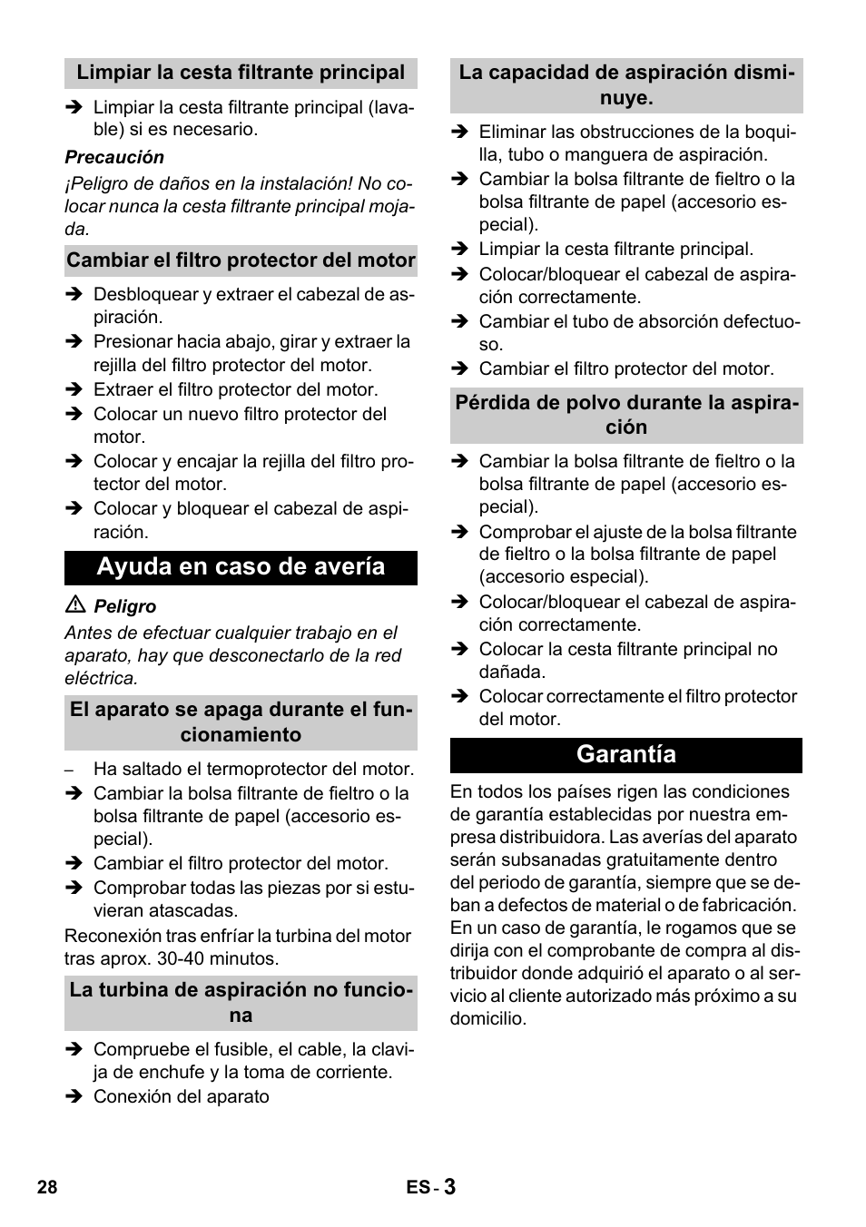 Ayuda en caso de avería, Garantía | Karcher T 10-1 Advanced User Manual | Page 28 / 124