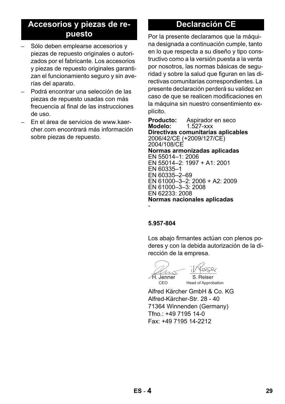 Accesorios y piezas de re- puesto declaración ce | Karcher T 10-1 Advanced User Manual | Page 29 / 124