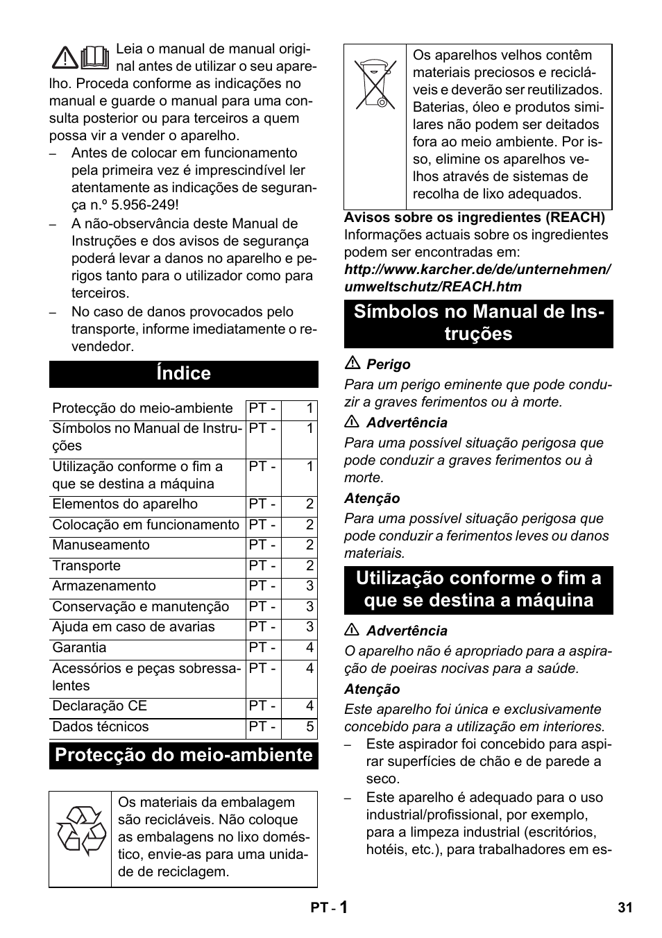 Índice, Protecção do meio-ambiente | Karcher T 10-1 Advanced User Manual | Page 31 / 124