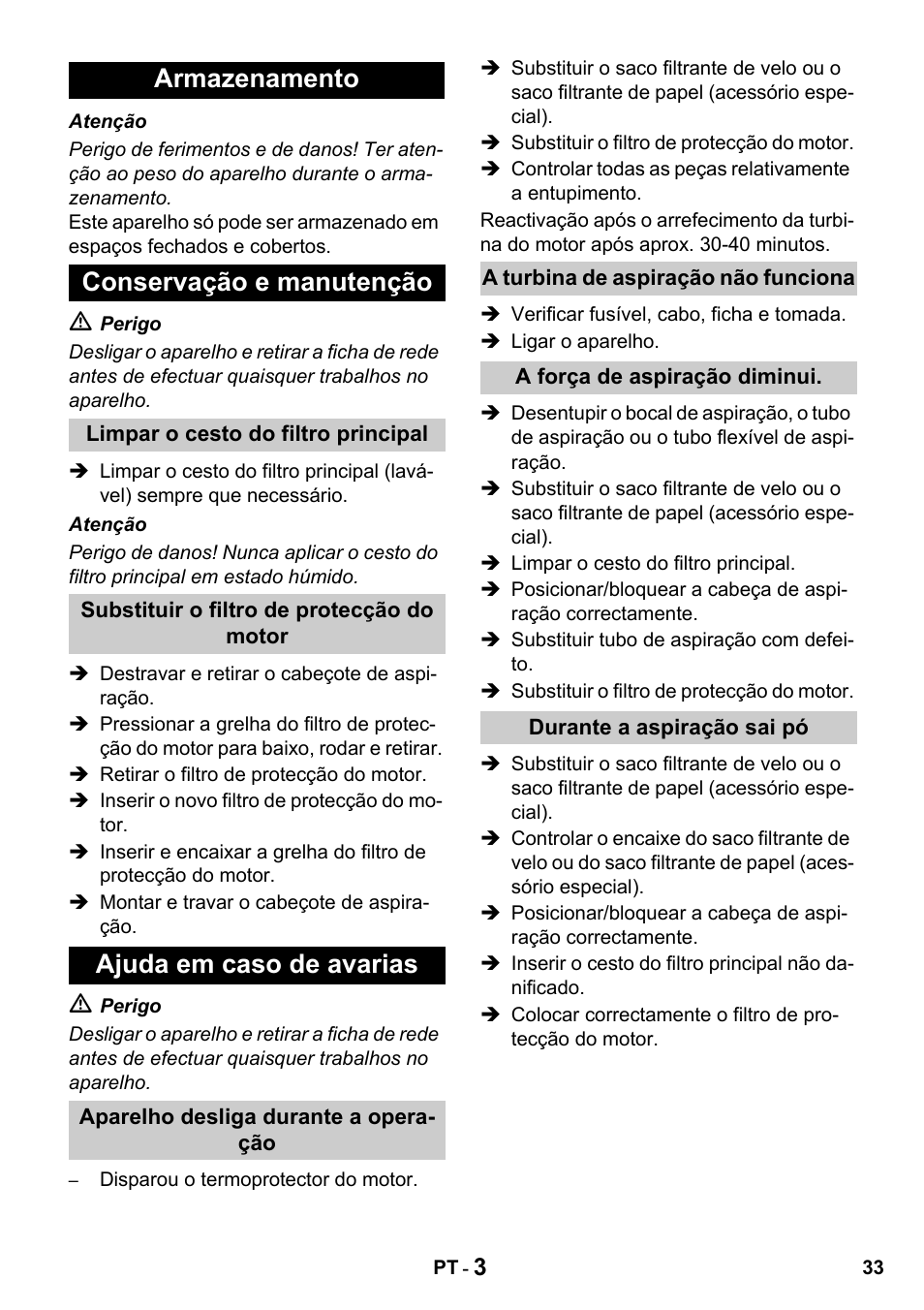 Armazenamento conservação e manutenção, Ajuda em caso de avarias | Karcher T 10-1 Advanced User Manual | Page 33 / 124