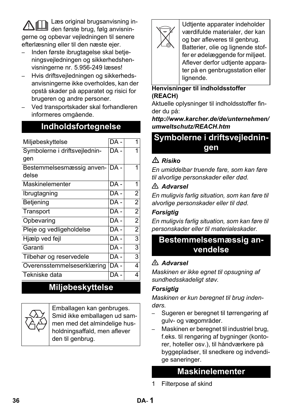 Indholdsfortegnelse, Miljøbeskyttelse | Karcher T 10-1 Advanced User Manual | Page 36 / 124