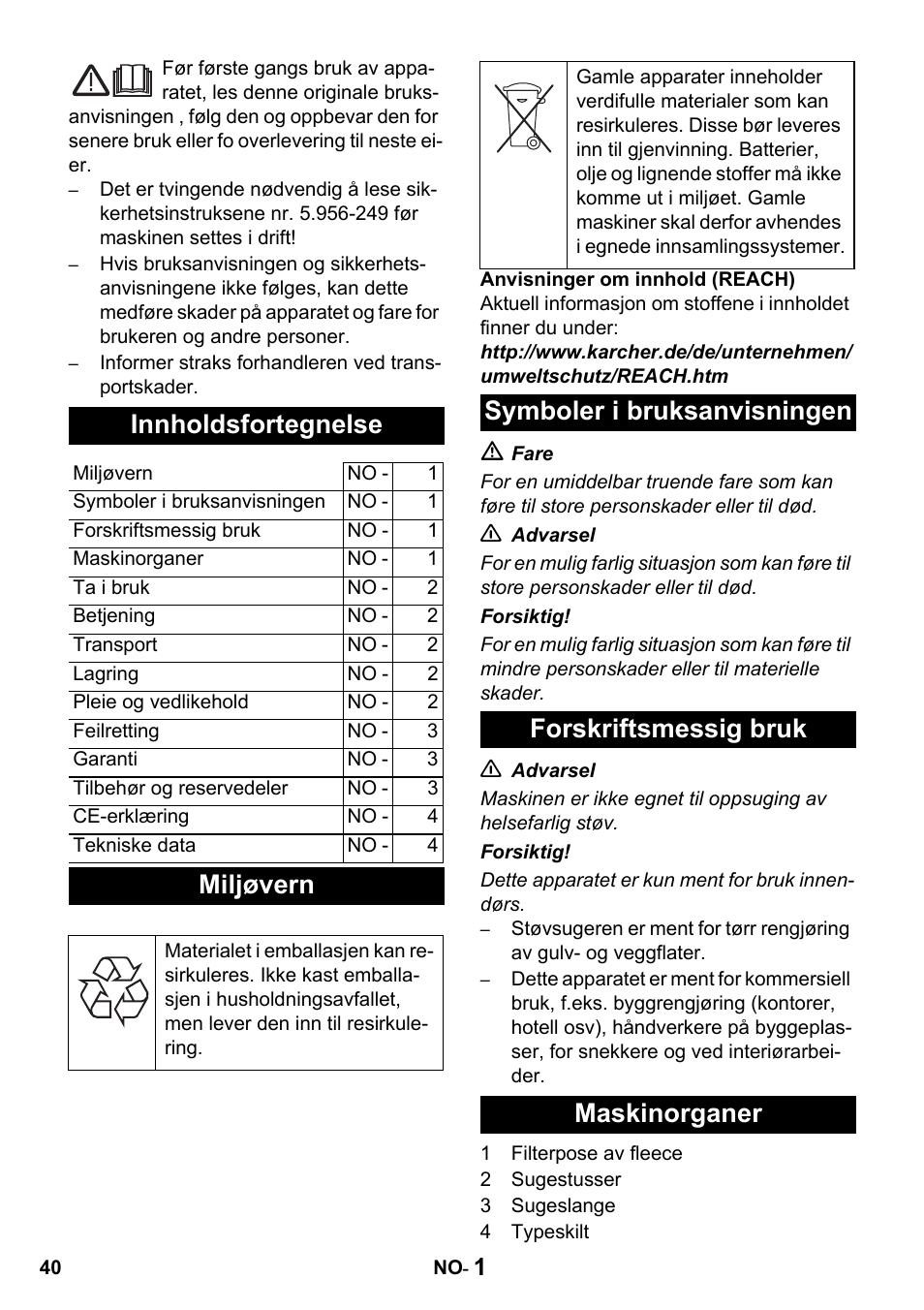 Innholdsfortegnelse, Miljøvern | Karcher T 10-1 Advanced User Manual | Page 40 / 124