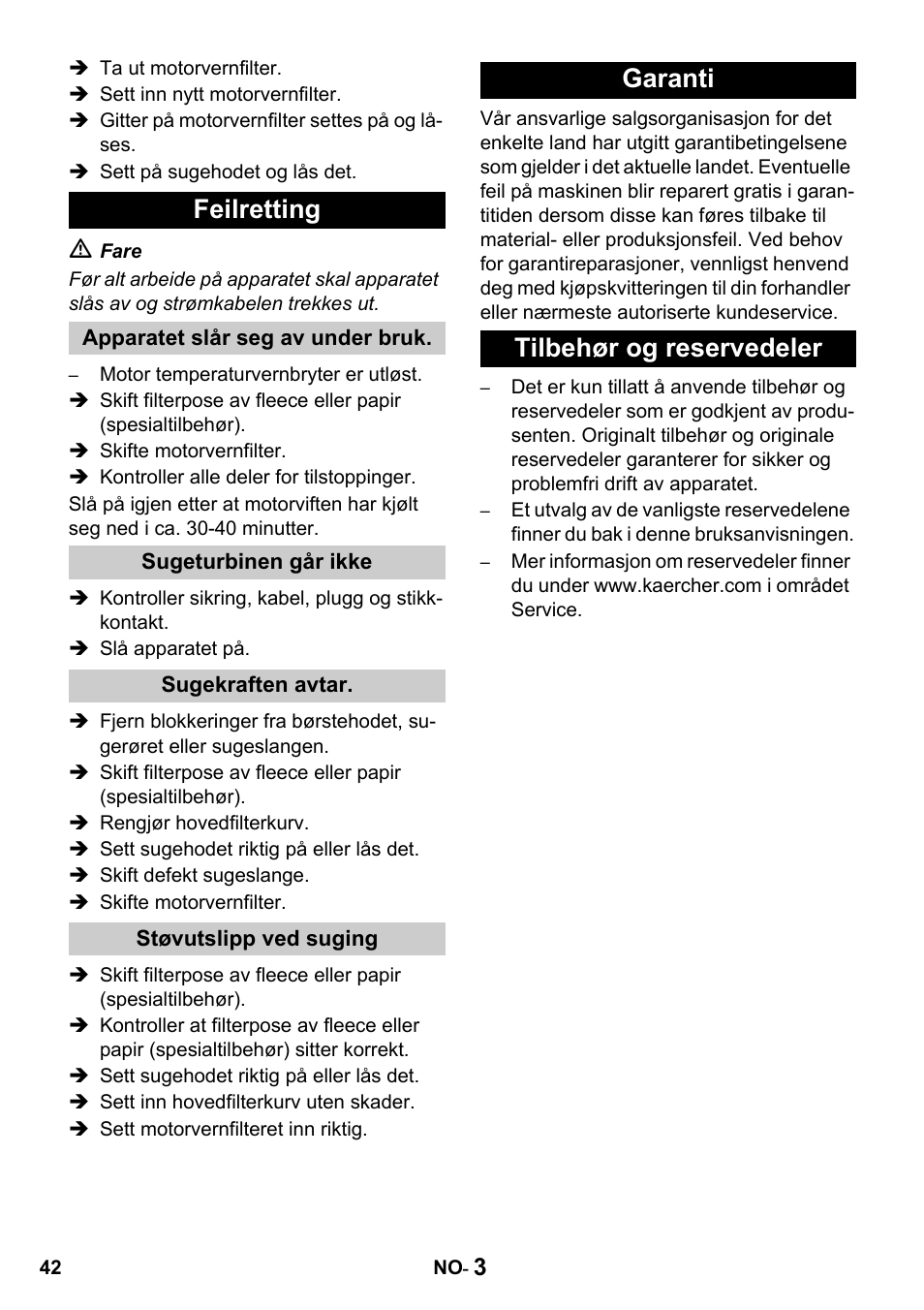 Feilretting, Garanti tilbehør og reservedeler | Karcher T 10-1 Advanced User Manual | Page 42 / 124