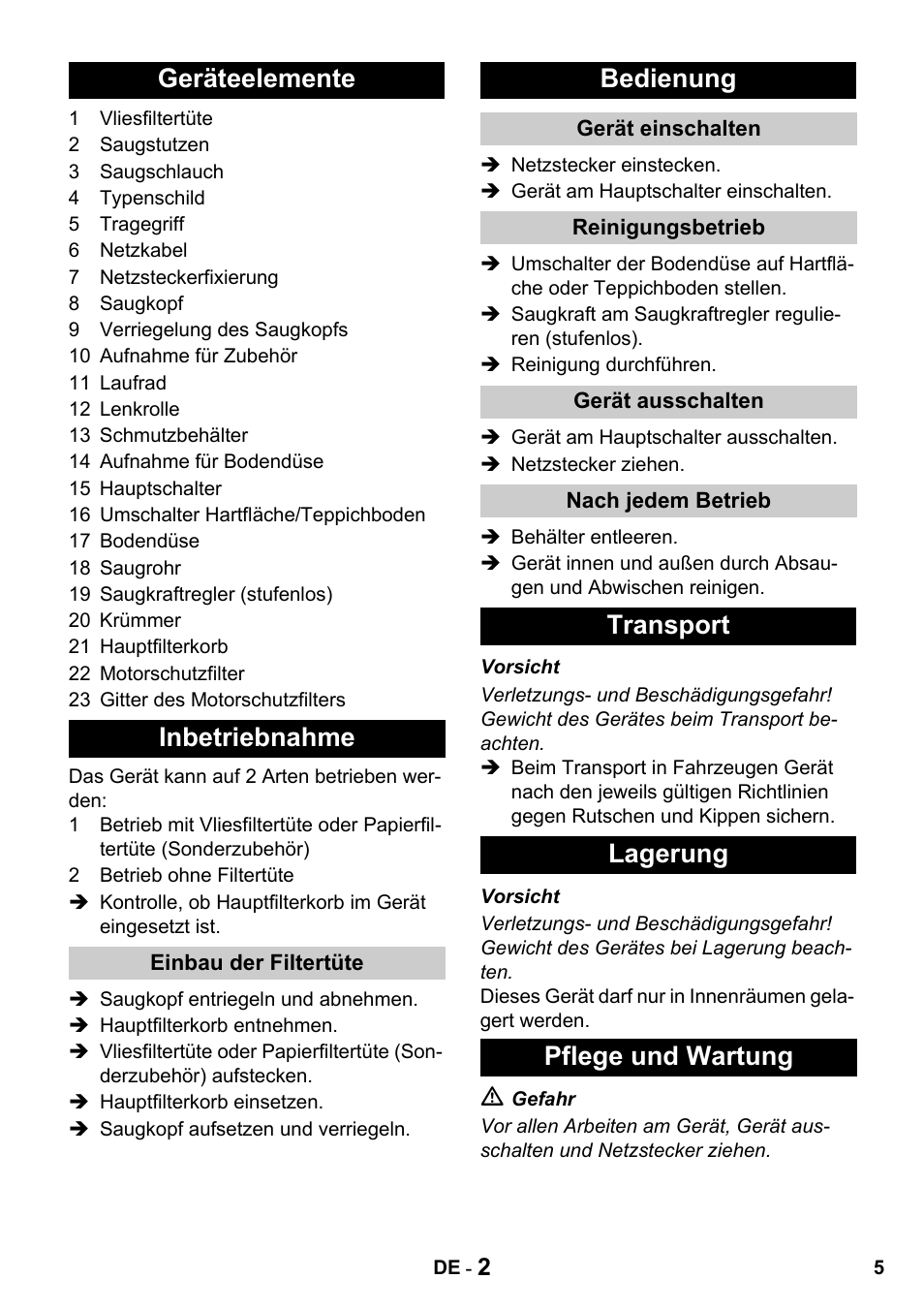 Geräteelemente inbetriebnahme, Bedienung, Transport lagerung pflege und wartung | Karcher T 10-1 Advanced User Manual | Page 5 / 124