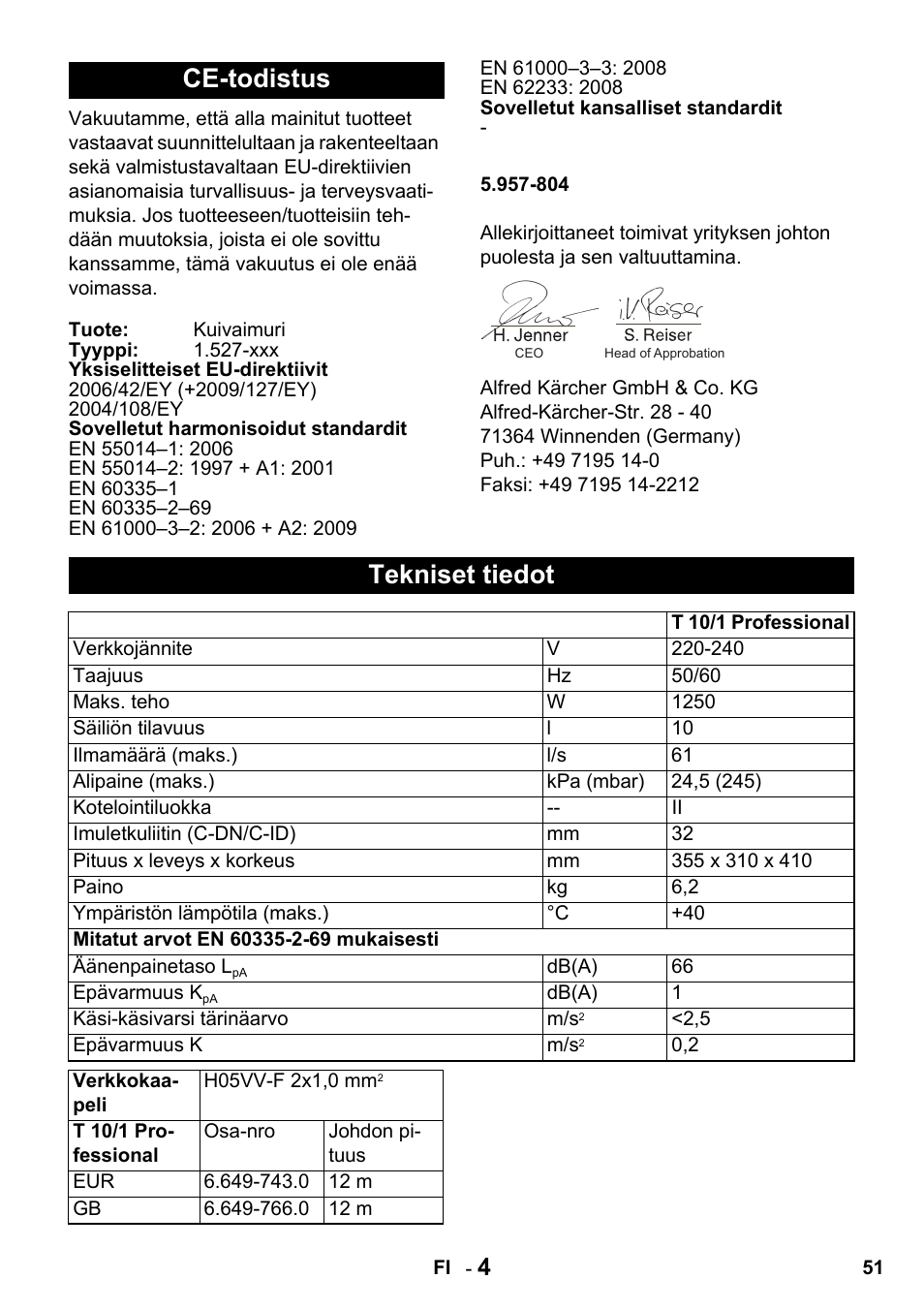 Ce-todistus, Tekniset tiedot | Karcher T 10-1 Advanced User Manual | Page 51 / 124