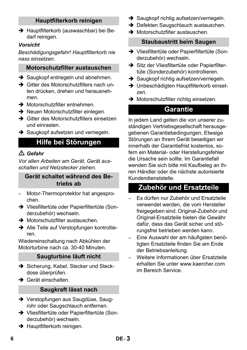 Hilfe bei störungen, Garantie zubehör und ersatzteile | Karcher T 10-1 Advanced User Manual | Page 6 / 124