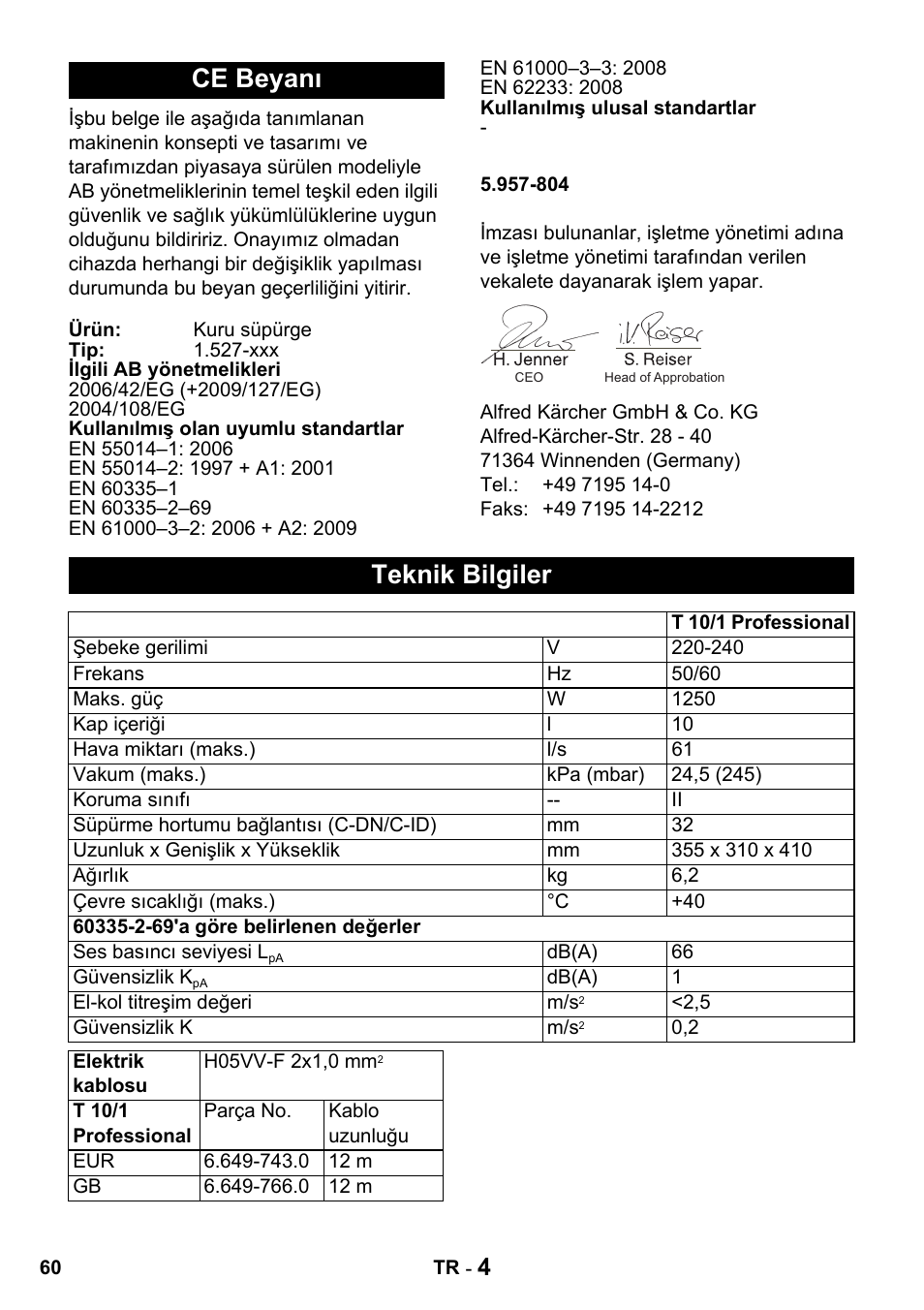 Ce beyanı, Teknik bilgiler | Karcher T 10-1 Advanced User Manual | Page 60 / 124