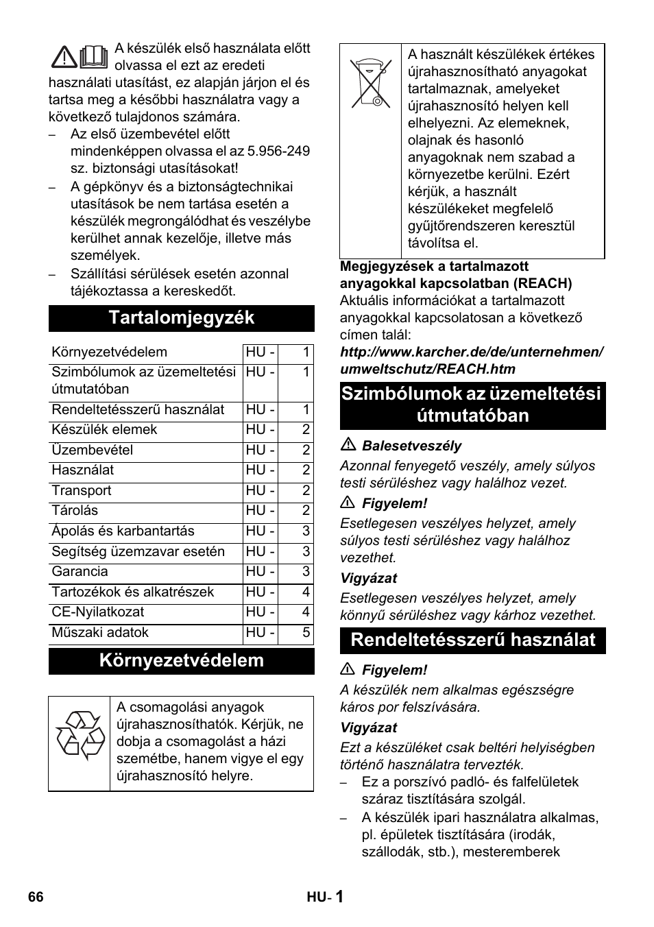Tartalomjegyzék, Környezetvédelem | Karcher T 10-1 Advanced User Manual | Page 66 / 124