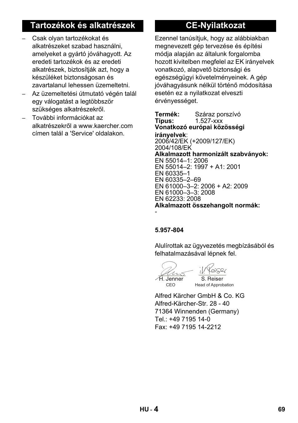 Tartozékok és alkatrészek ce-nyilatkozat | Karcher T 10-1 Advanced User Manual | Page 69 / 124