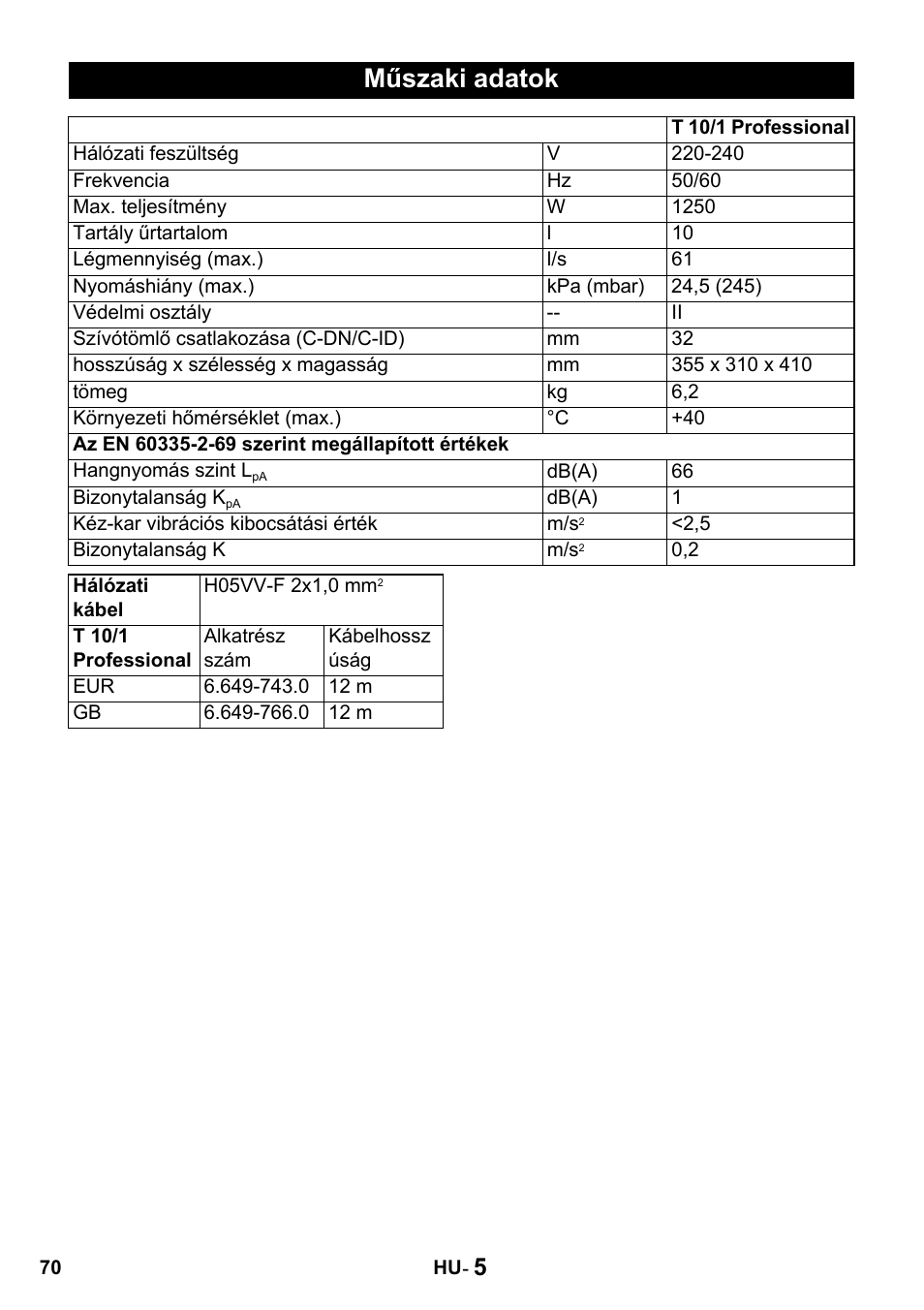 Műszaki adatok | Karcher T 10-1 Advanced User Manual | Page 70 / 124