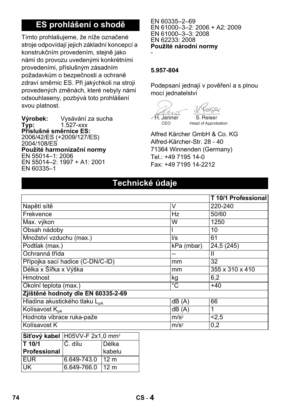 Es prohlášení o shodě, Technické údaje | Karcher T 10-1 Advanced User Manual | Page 74 / 124