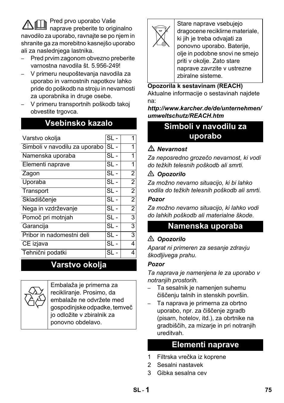 Vsebinsko kazalo, Varstvo okolja | Karcher T 10-1 Advanced User Manual | Page 75 / 124