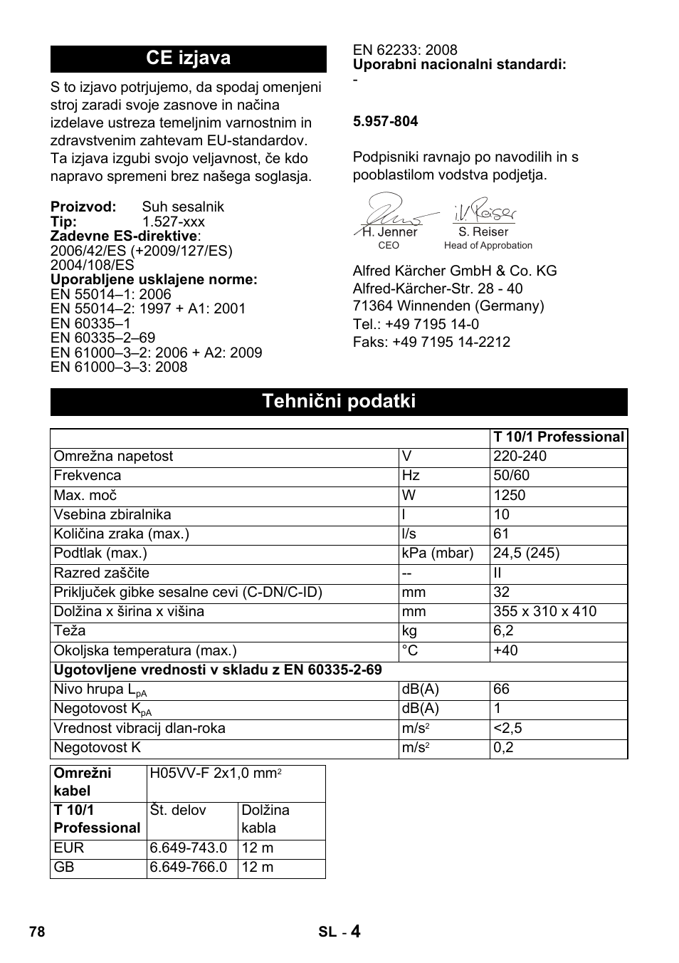 Ce izjava, Tehnični podatki | Karcher T 10-1 Advanced User Manual | Page 78 / 124