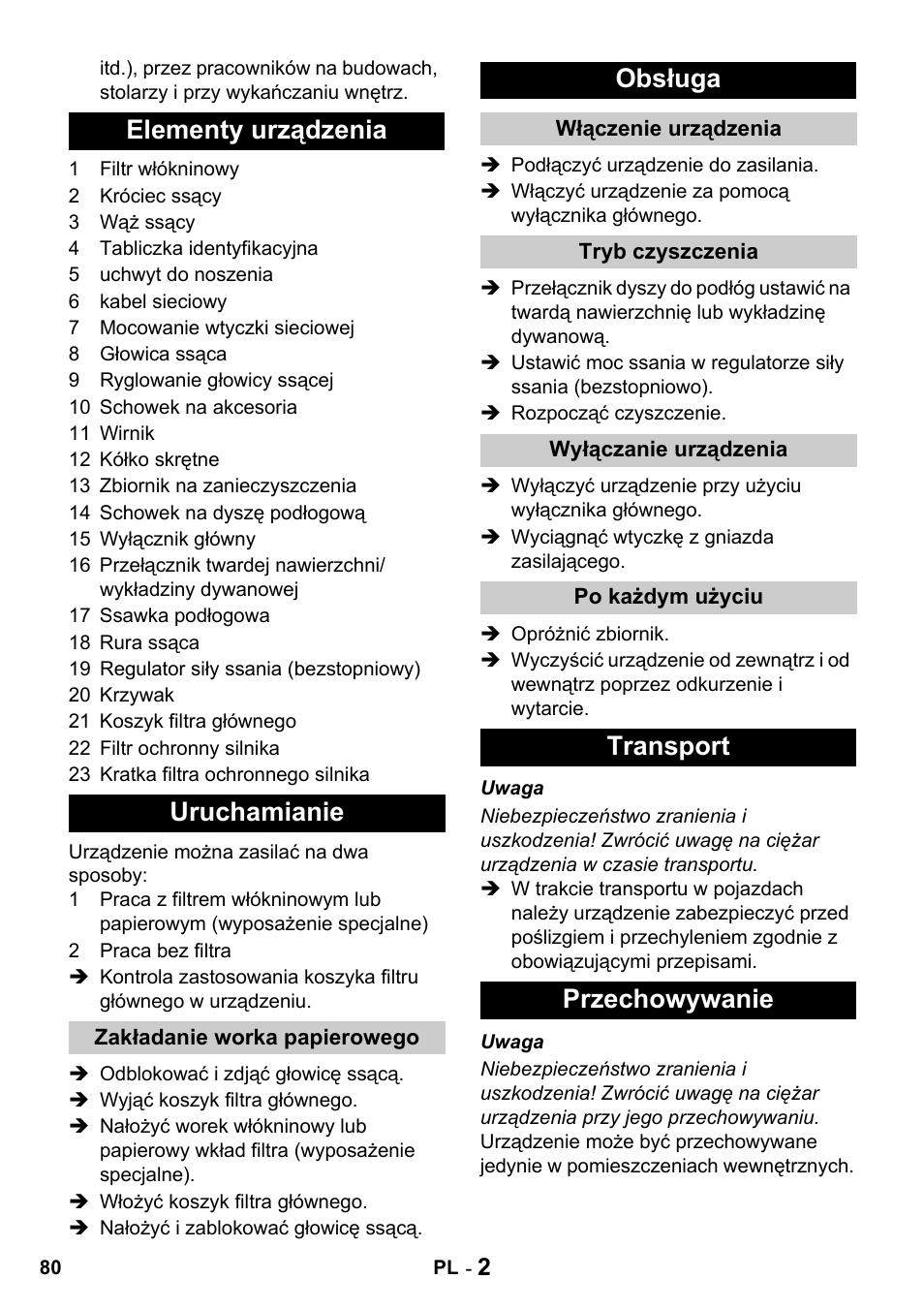 Elementy urządzenia uruchamianie, Obsługa, Transport przechowywanie | Karcher T 10-1 Advanced User Manual | Page 80 / 124