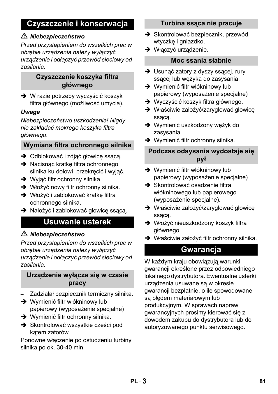 Czyszczenie i konserwacja, Usuwanie usterek, Gwarancja | Karcher T 10-1 Advanced User Manual | Page 81 / 124