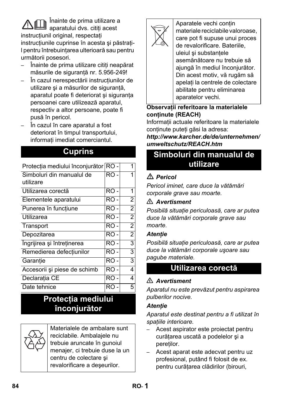 Cuprins, Protecţia mediului înconjurător | Karcher T 10-1 Advanced User Manual | Page 84 / 124