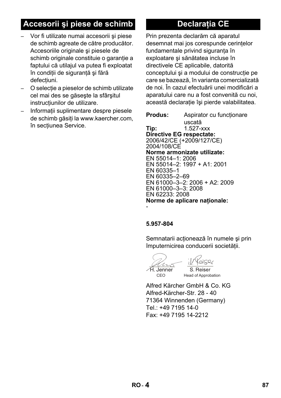 Accesorii şi piese de schimb declaraţia ce | Karcher T 10-1 Advanced User Manual | Page 87 / 124